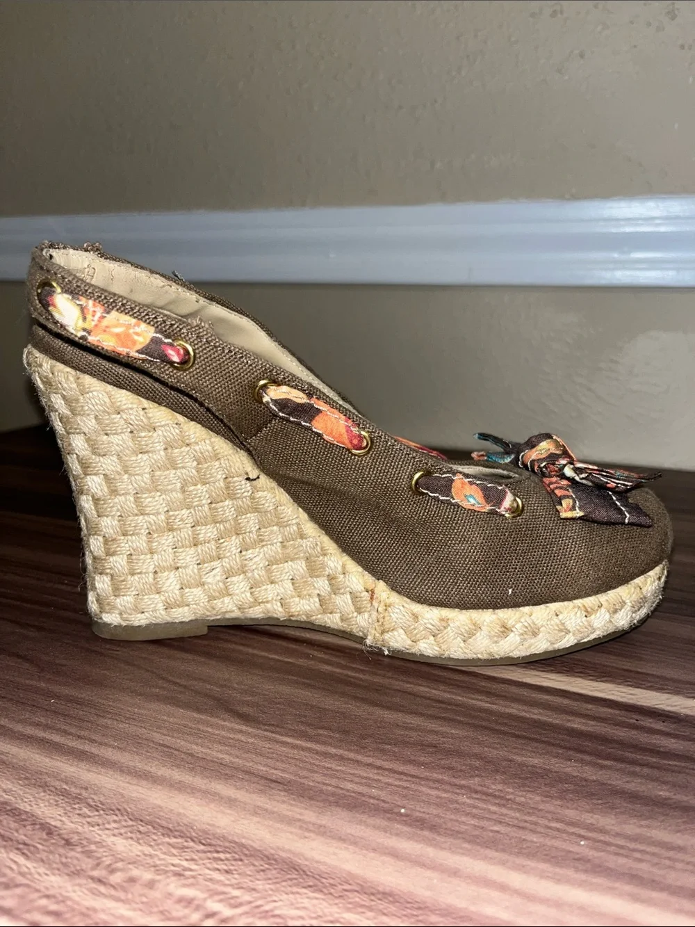 Xhileration Brown Espadrille Wedge Slingback with Floral Bow Accent